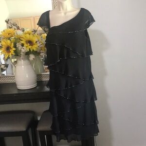 Patra Black Asymmetrical Tiered Midi Dress
